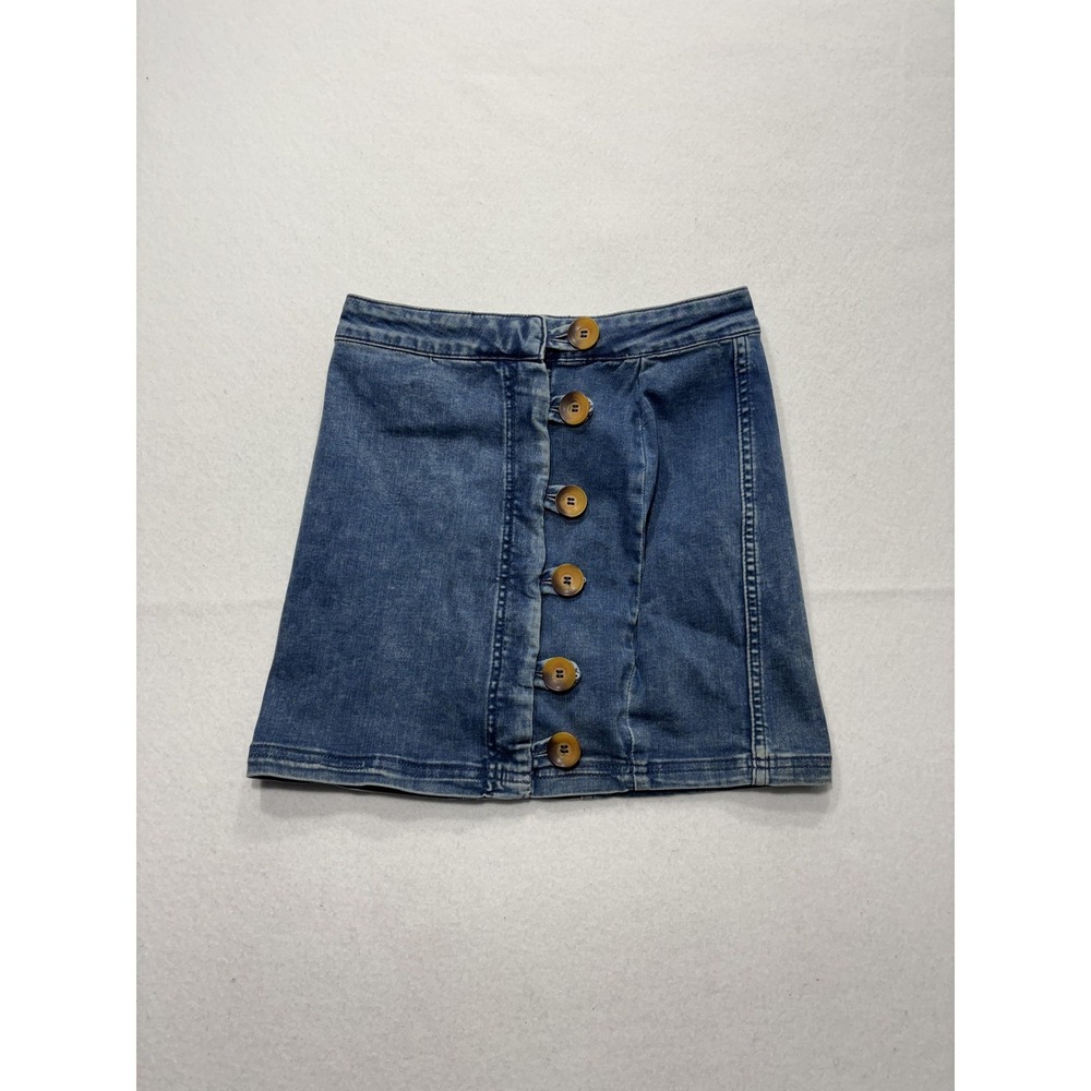 Free People Skirt Womens 4 Blue Denim Button Front A Line Mini Stretch